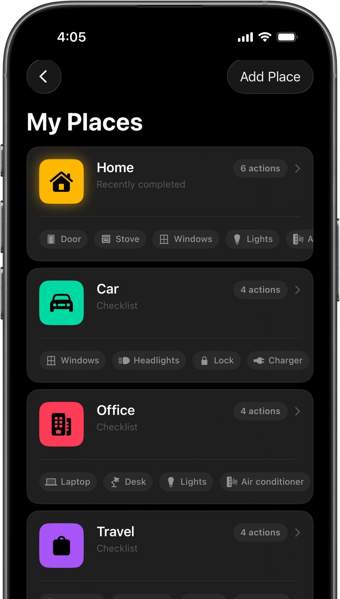 Paranoiq My Places screen with reusable routines