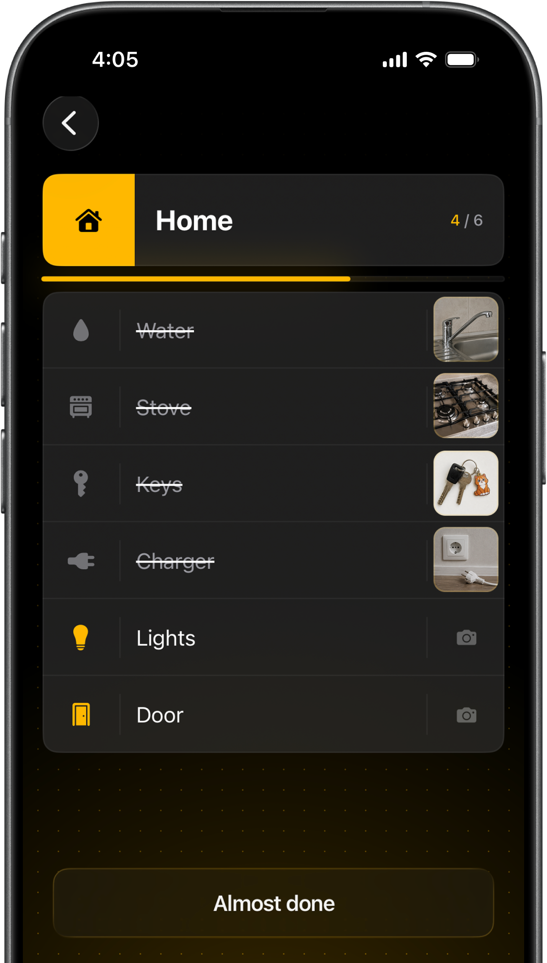 Paranoiq checklist screen with completed actions and photo proof
